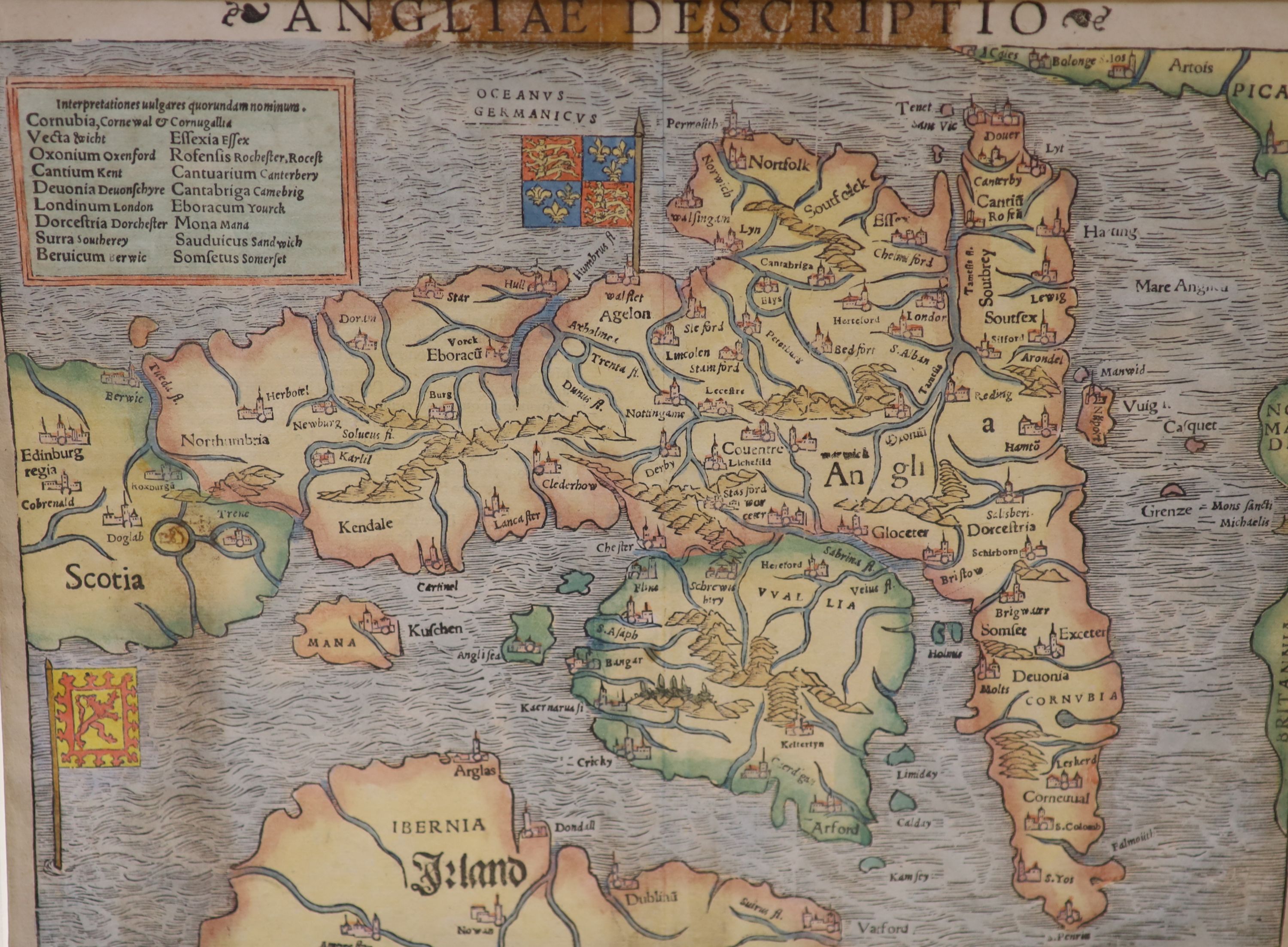 Sebastian Munster, woodblock map, ‘Angliae Descriptio’, England and Wales, orientated to the east, Basel c.1540. Overall 32 x 40cm. Unframed.